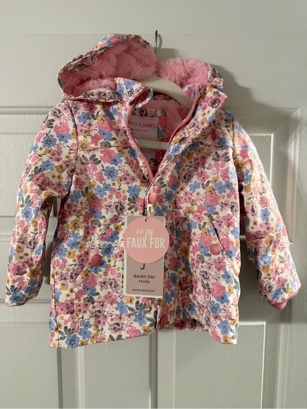 Riley & James Baby Girls Floral Rain Jacket 18M Faux Fur Lined Hooded Coat NWT